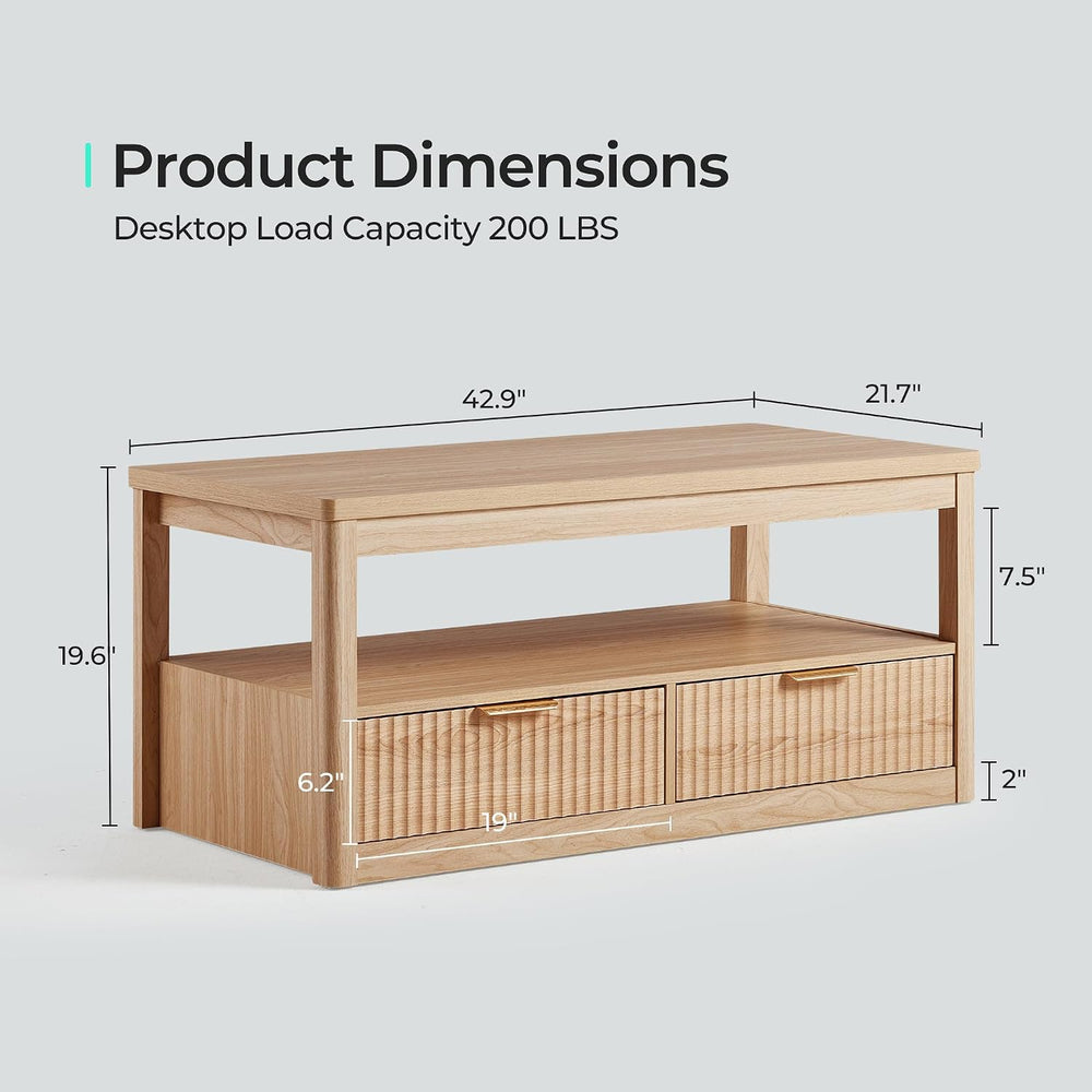 LINSY Home Farmhouse Coffee Table with Hidden Storage, Oak | Wood Coffee Tabl...