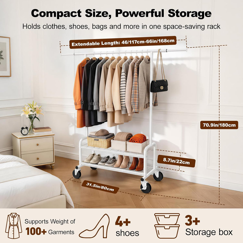 Clothes Rack Heavy Duty, 550 LBS Rolling Clothing Rack with Wheels, White