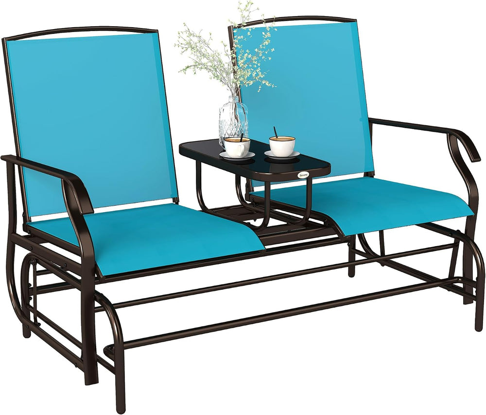 Outsunny Outdoor Glider Bench with Center Table Metal Frame Armrests Blue