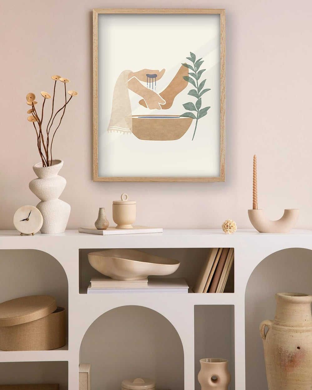 KensTro 12x16 Oak Framed Jesus Washing Feet Boho Christian Wall Art