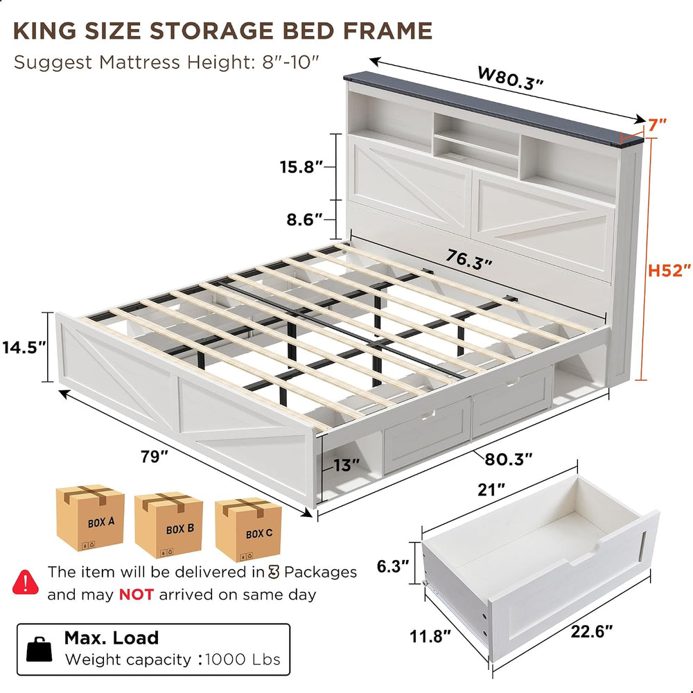 ACCOHOHO Farmhouse King Size Bed Frame with 52" High Storage Bookcase He...