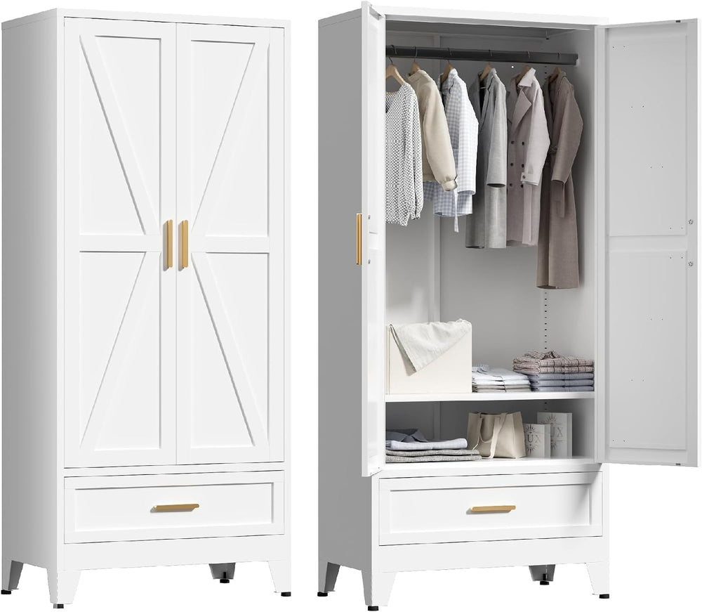 Washsemba 71'' Farmhouse Metal Wardrobe Cabinet with Hanging Rod, 2 B...
