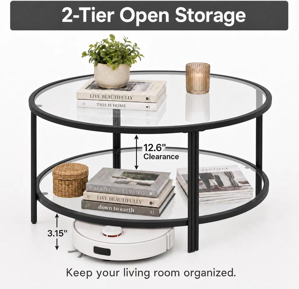 Coffee Tabale - Round Glass Coffee Table - Storage