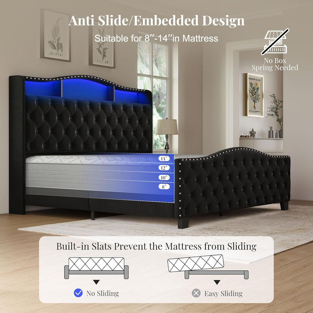 Belffin Platform Bed Frame with 50.9" LED Headboard, King Black