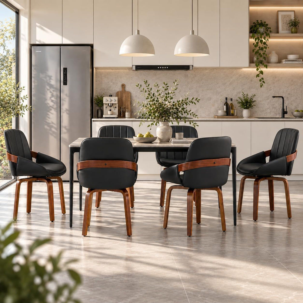 Swivel Dining Chairs Set of 6, Black Leather Dining Room Chairs