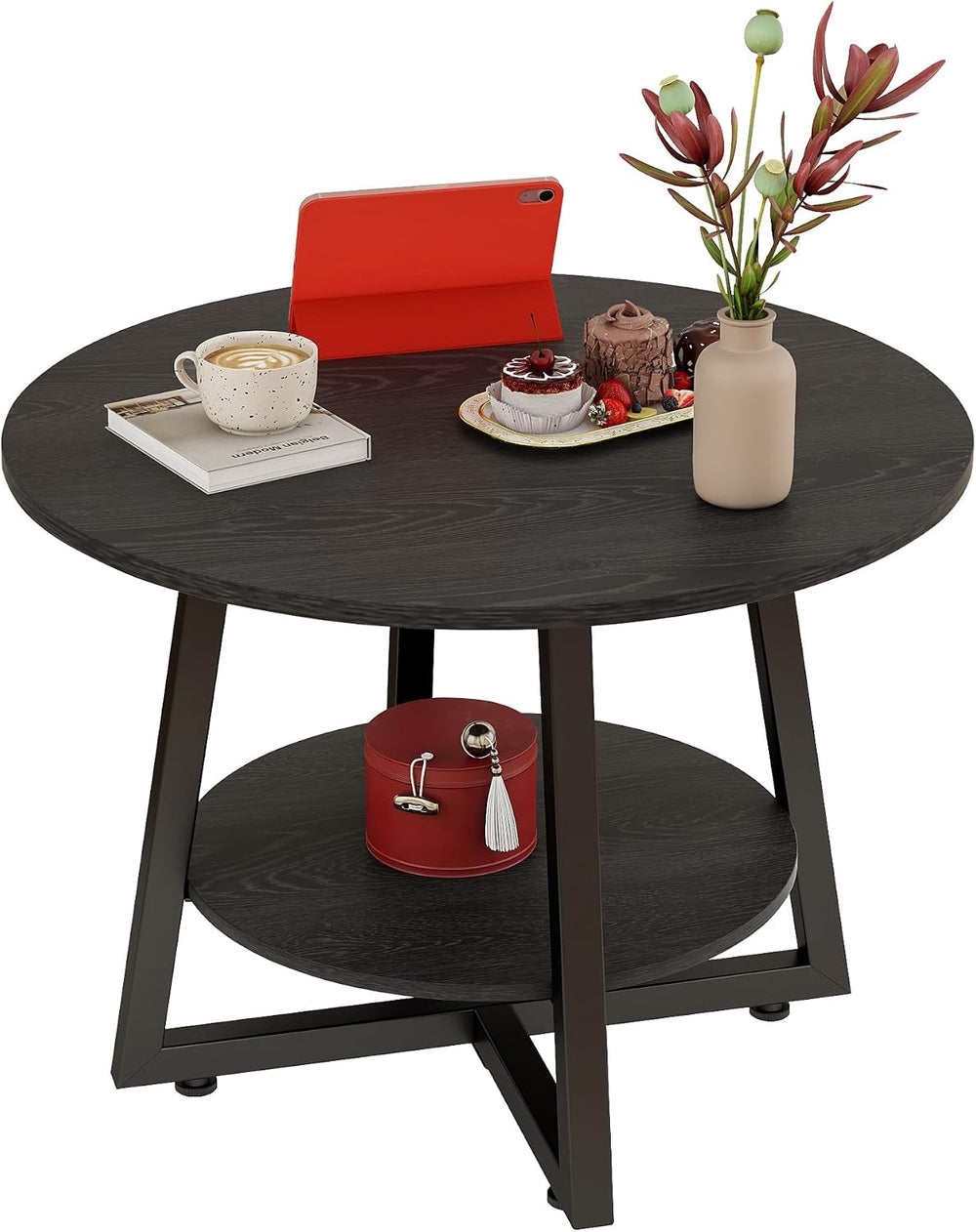 Round Coffee Table with Storage,Metal Small Coffee Table,Black