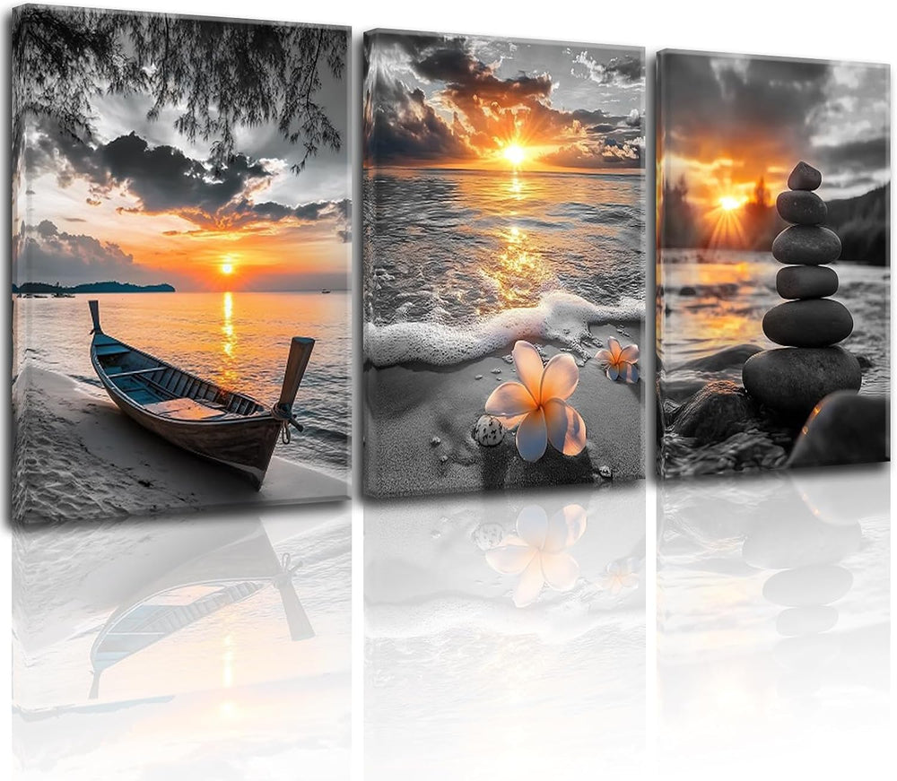 Yxbhhym Beach Bathroom Wall Art Black and White Gold Wall Decor Ocean Canvas ...