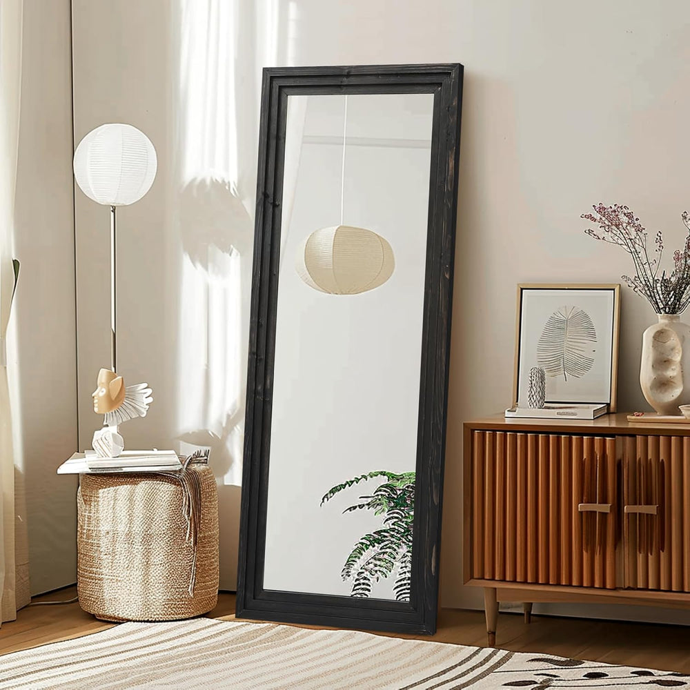 58x22in Full Length Mirror, 3-Tier Stepped Solid Wood Frame, Black