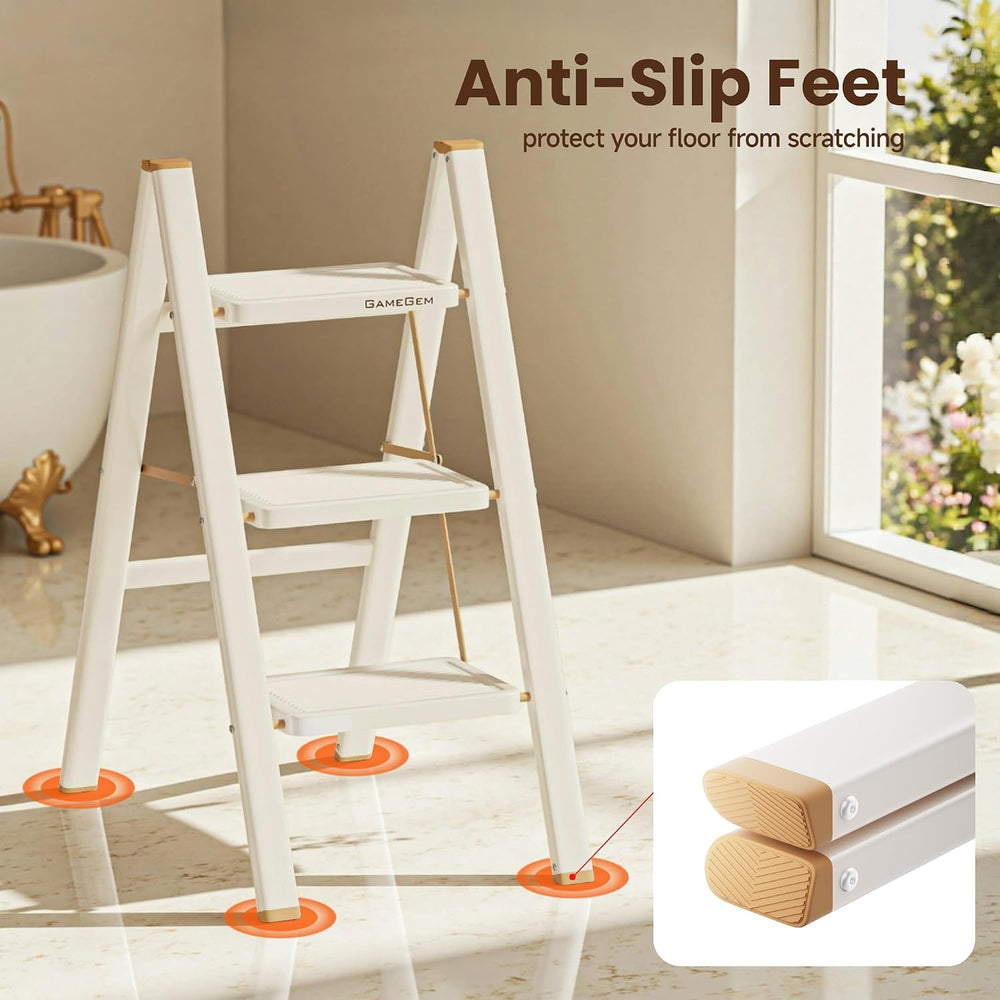 3 Step Ladder, Foldable 3 Step Stool, Cream Chocolate