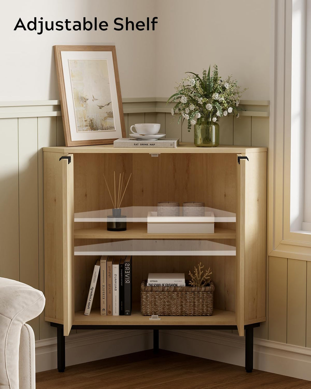 Modern Corner Cabinet, Fluted Wood Floor Storage Cabinet with Adjustable Shel...