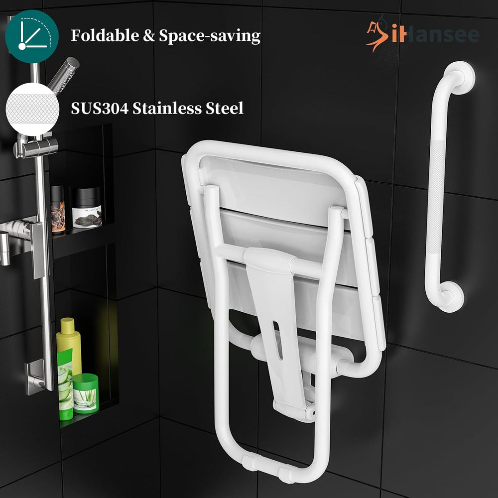 14x16 Folding Shower Seat w/ 16" Grab Bar for Inside Shower Bathtub, White