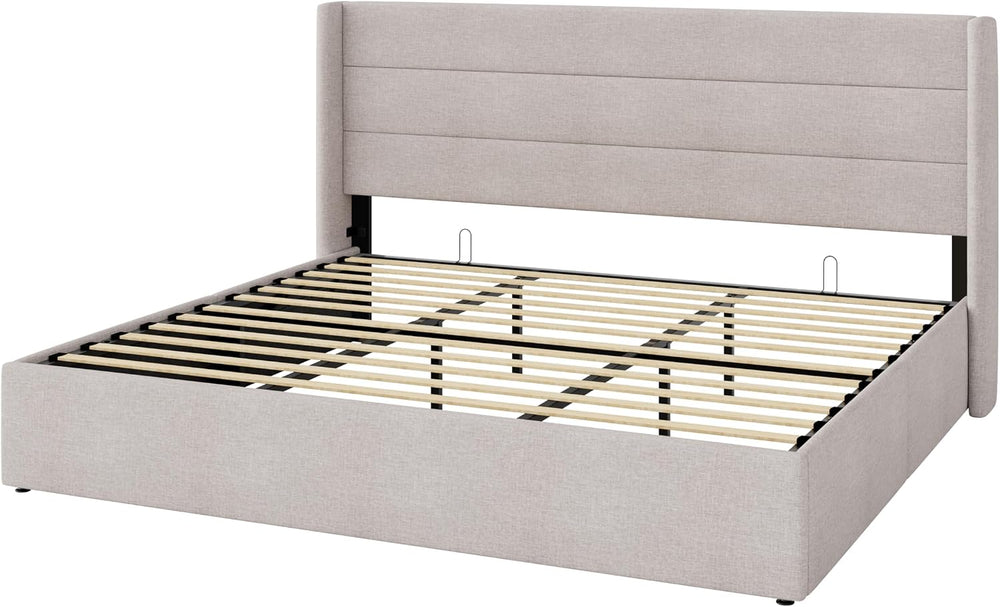 Allewie King Size Lift Up Hydraulic Storage Bed Frame Light Beige