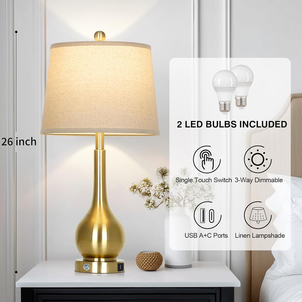 26" Gold Table Lamps Set of 2 for Living Room, Touch Control Bedroom Lam...
