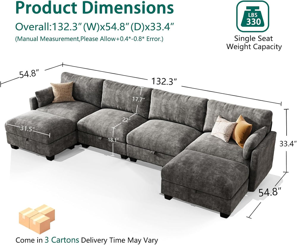 Modular Sectional Sofa, 132" U Shaped Couch with Storage, Chenille