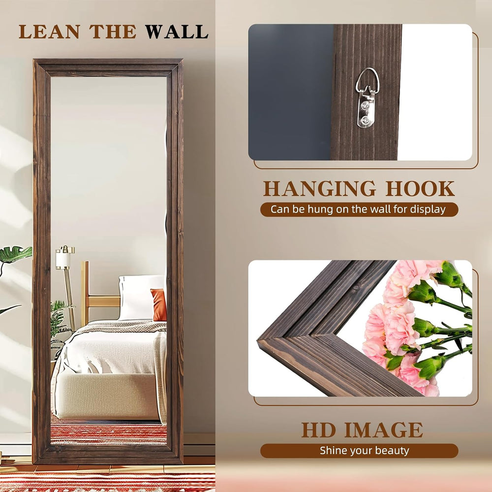 65x24in Full Length Mirror, 3-Tier Stepped Solid Wood Frame, Brown