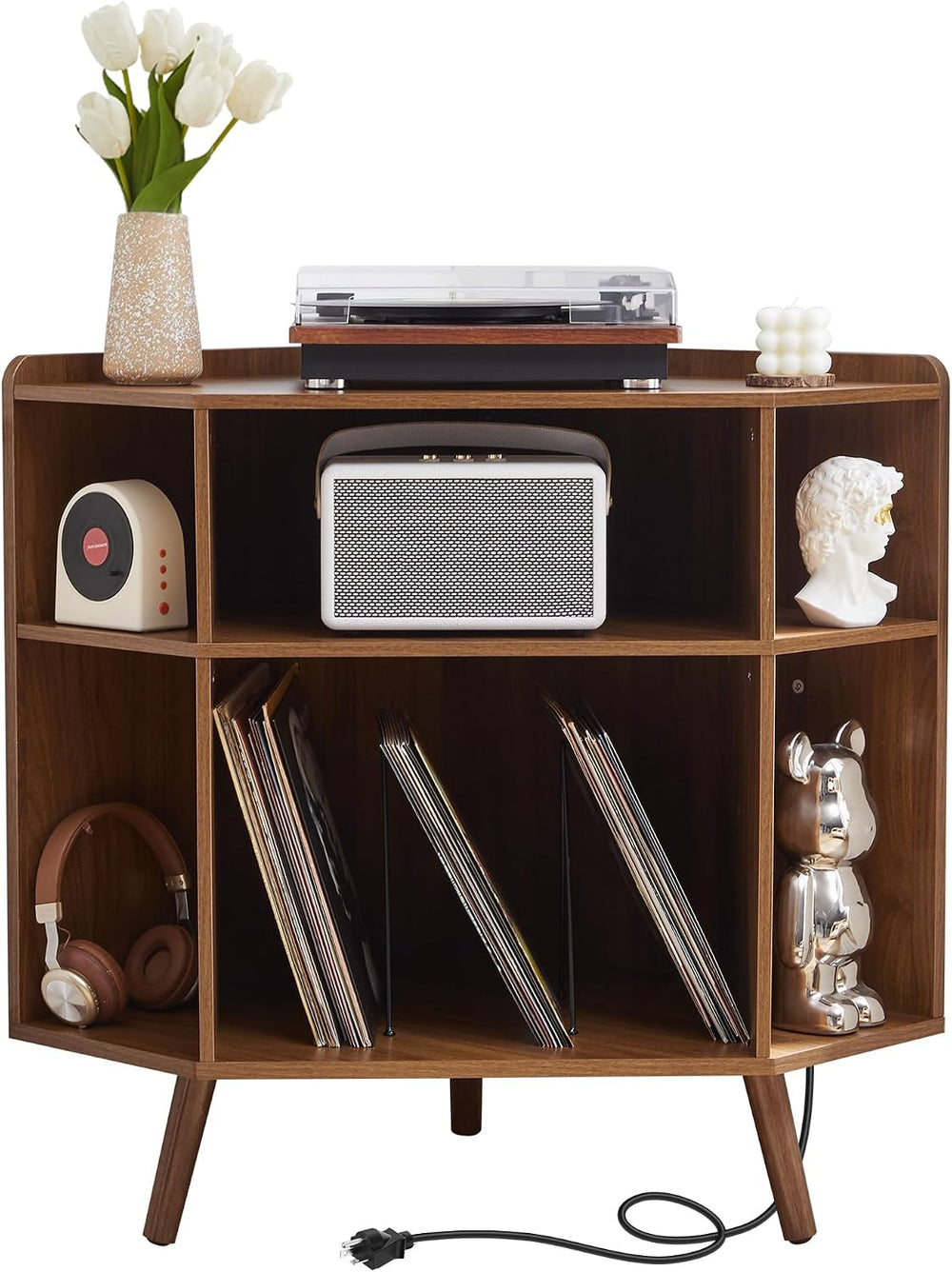 Corner Record Player Stand with Charging Station & USB Ports