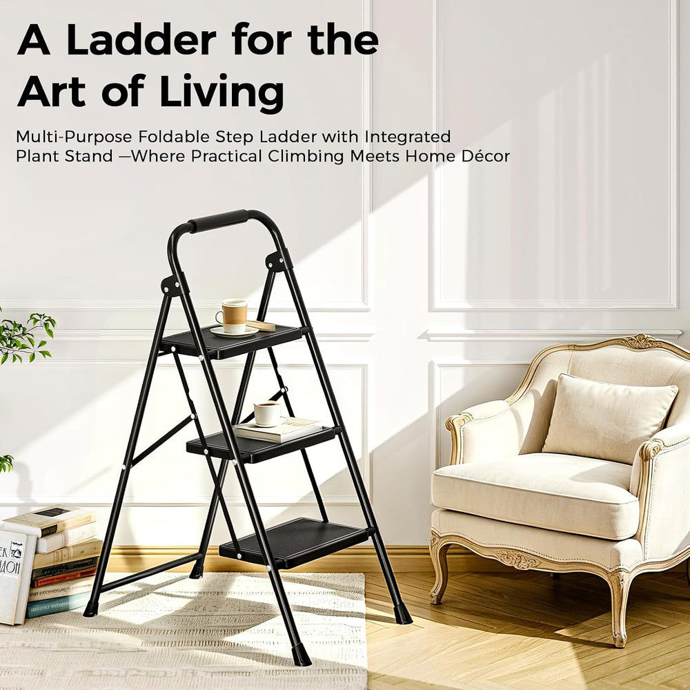 KINGRACK 3 Step Ladder Folding Step Stool with Handrail for Kitchen Black