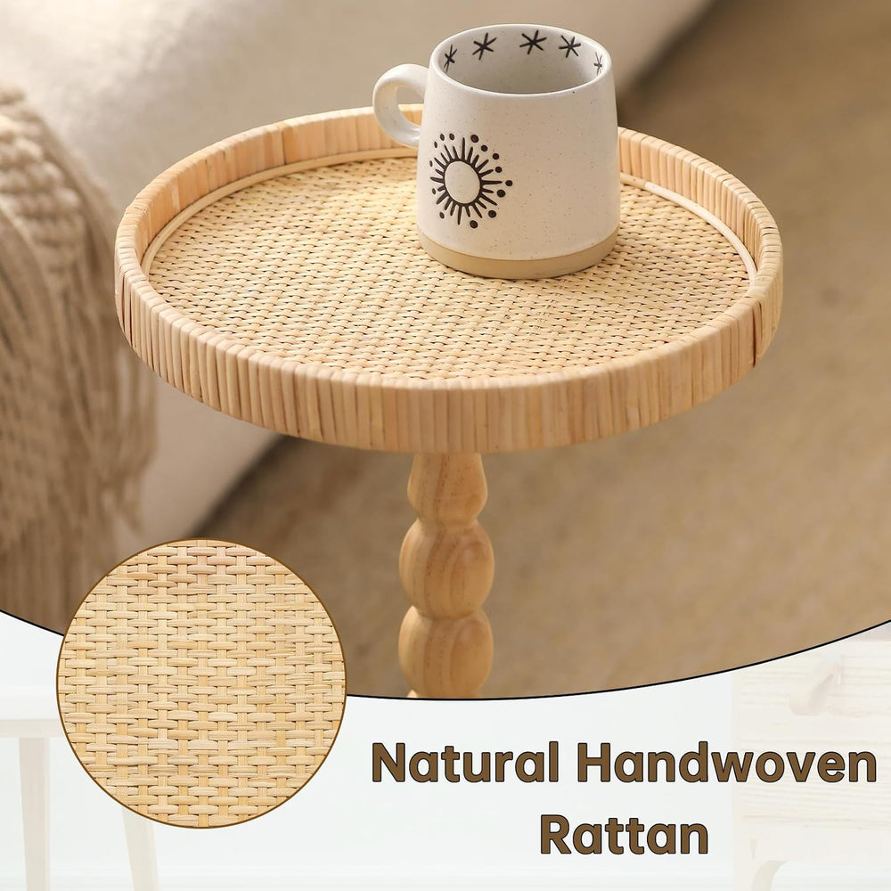 Small Drink Table, Rattan Round Side Table for Small Spaces, Boho Accent Tabl...