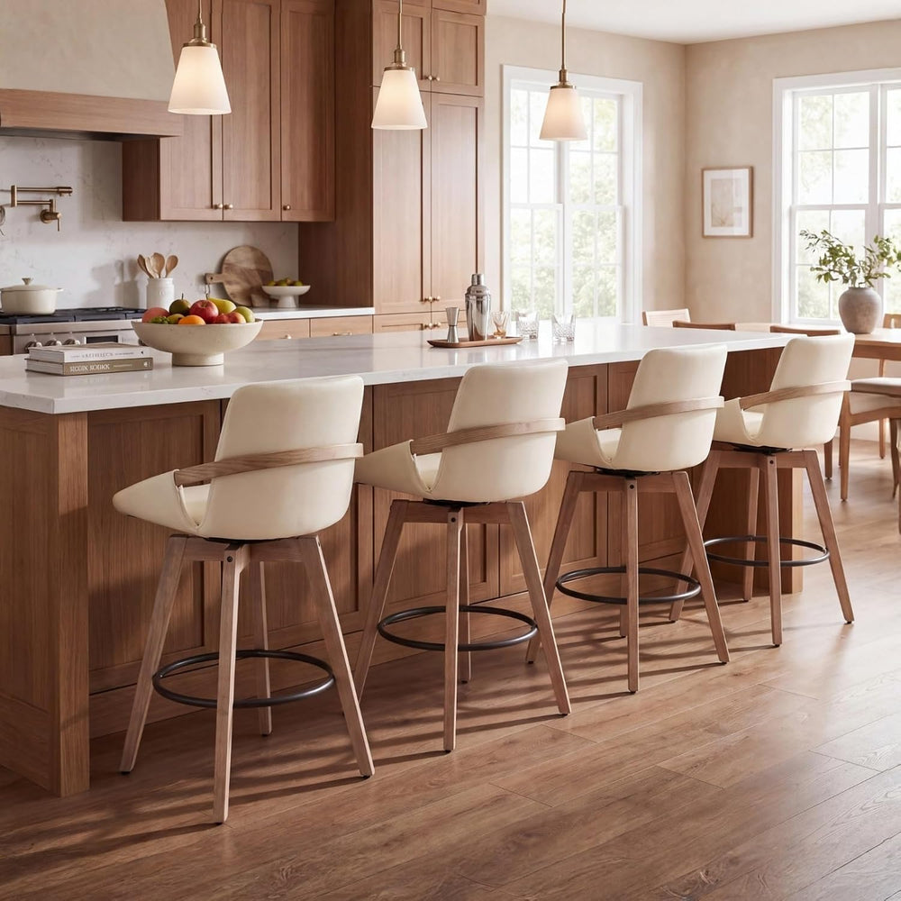 CIMOTA Leather Swivel Bar Stools Set of 4, Mid-Century Modern Counter Height ...