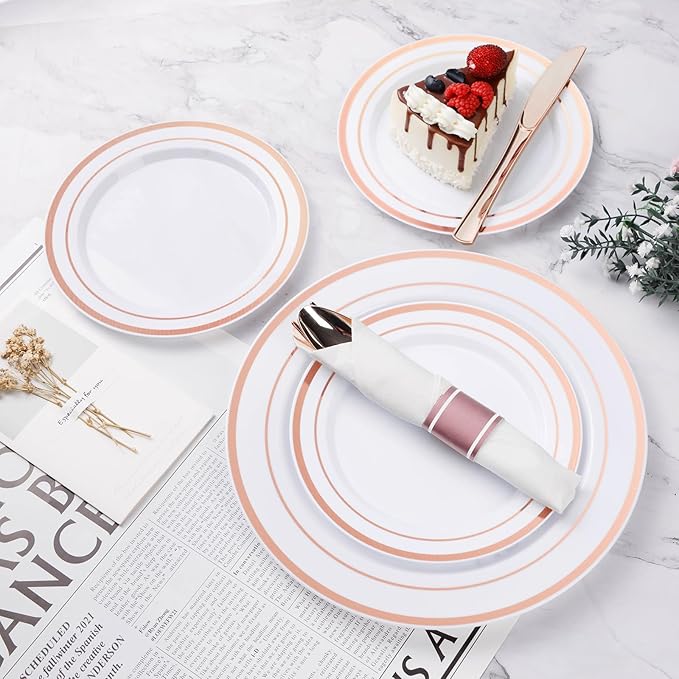 BESTVIP 350PCS Rose Gold Plastic Dinnerware Set, Disposable Party Plates for ...