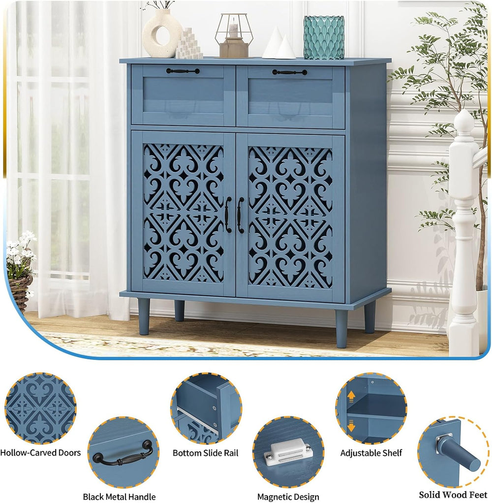 Kitchen Storage Cabinet with Drawers - Accent Cabinet with Carved Door, Floor...
