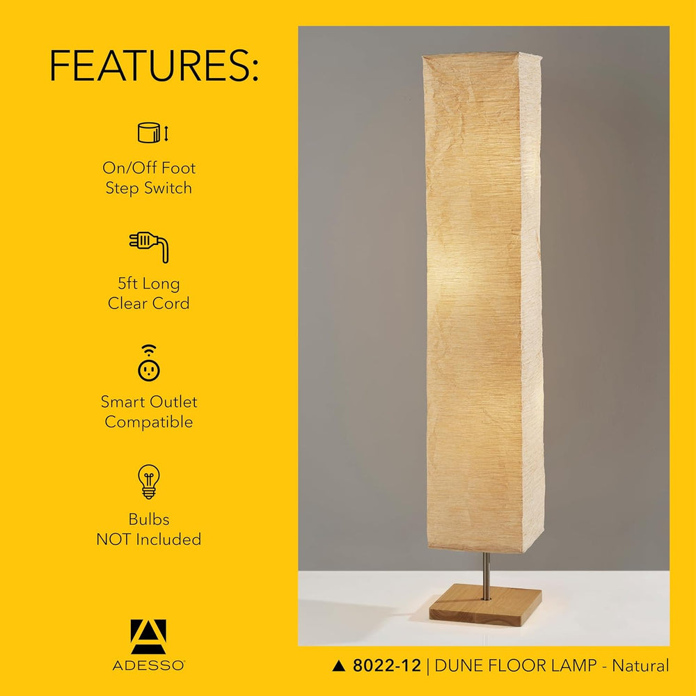 Adesso 3-Light Floor Lamp, Natural Wood & Beige, Adjustable, 58”