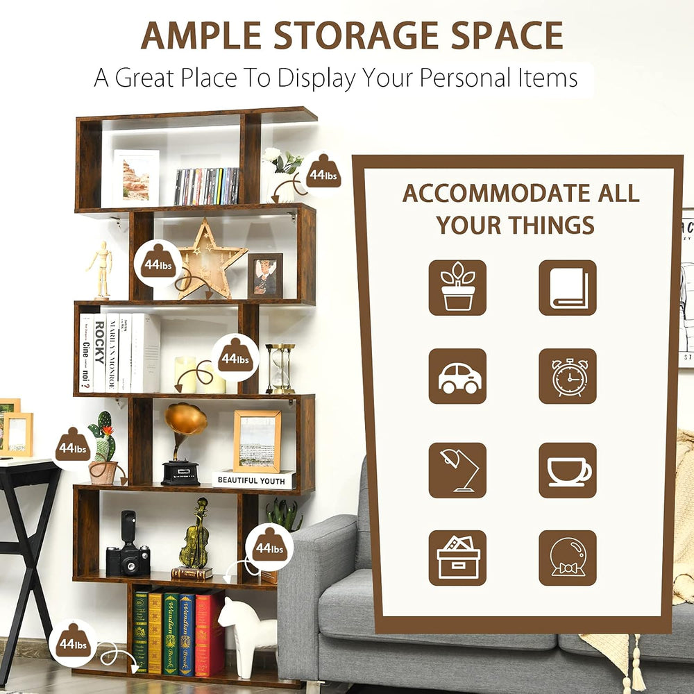 Tangkula 6 Tier S Shaped Bookshelf, 31.5''L x 9''W x 75'&...
