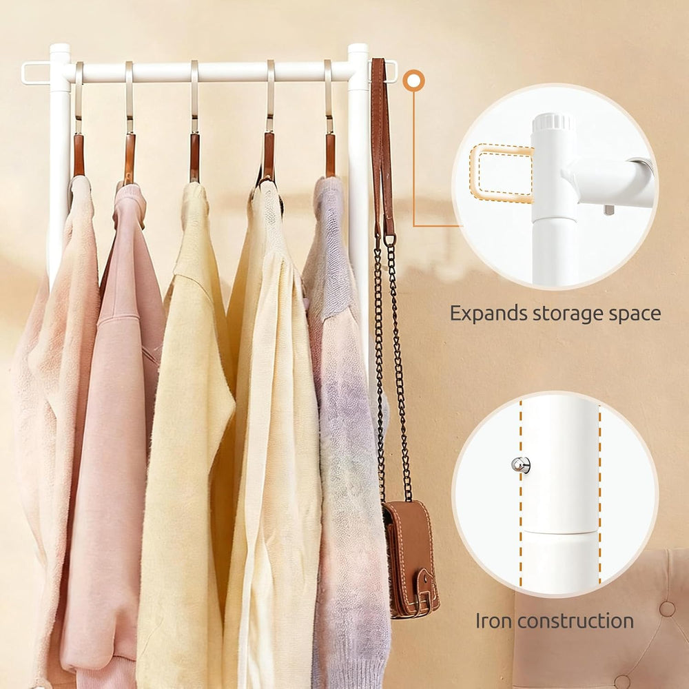 LiaMeE 63-Inch White Clothes Rack with Shoe Shelf and Side Hooks