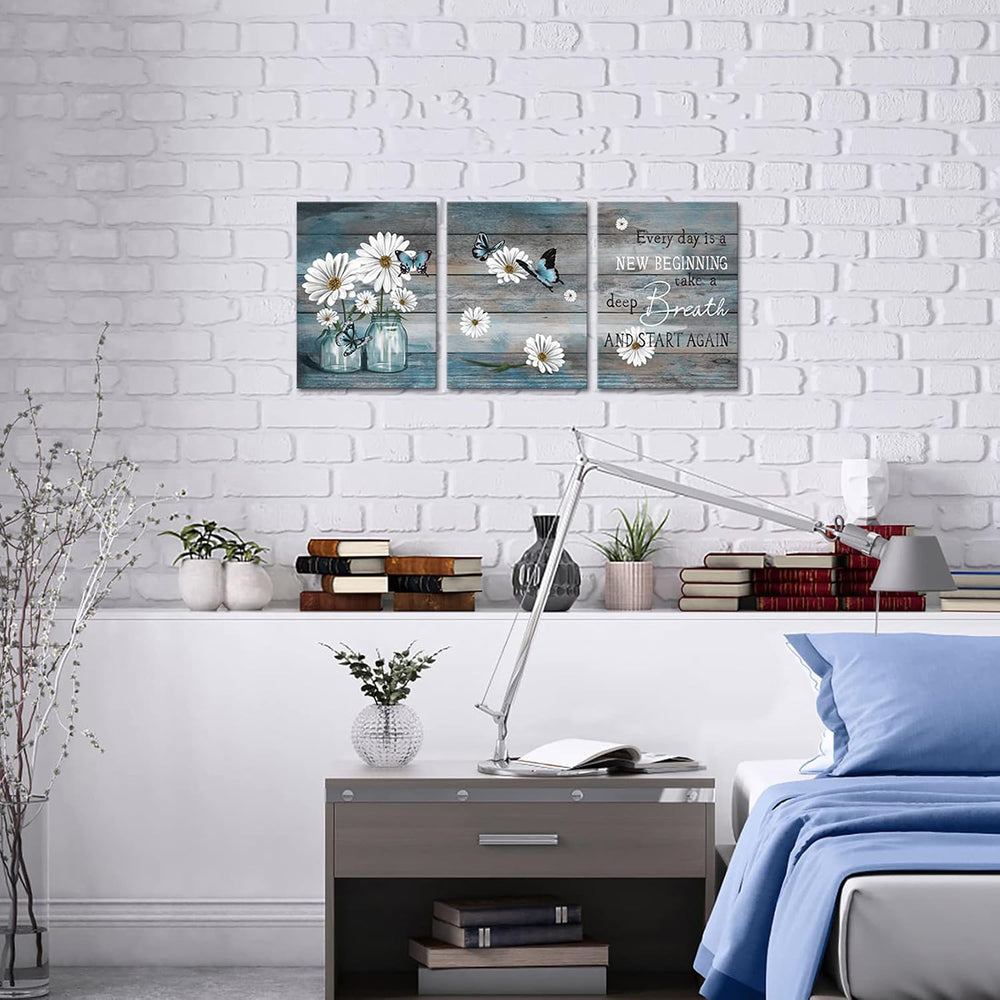 RyounoArt 3 Piece Daisy Wall Art Butterfly Inspirational Picture on Canvas fo...