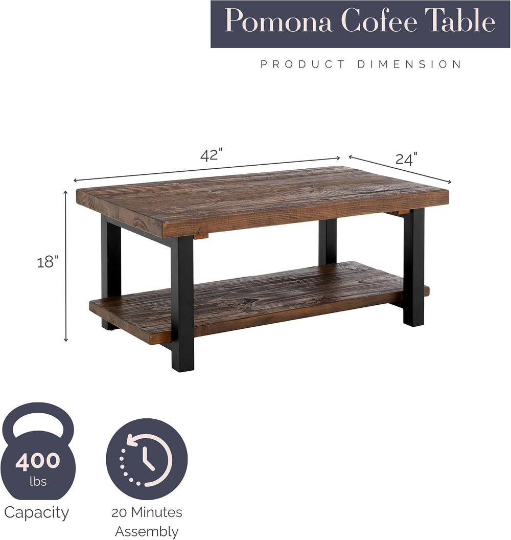 Alaterre Pomona 42 Inch Coffee Table with Storage Shelf, Rustic Natural