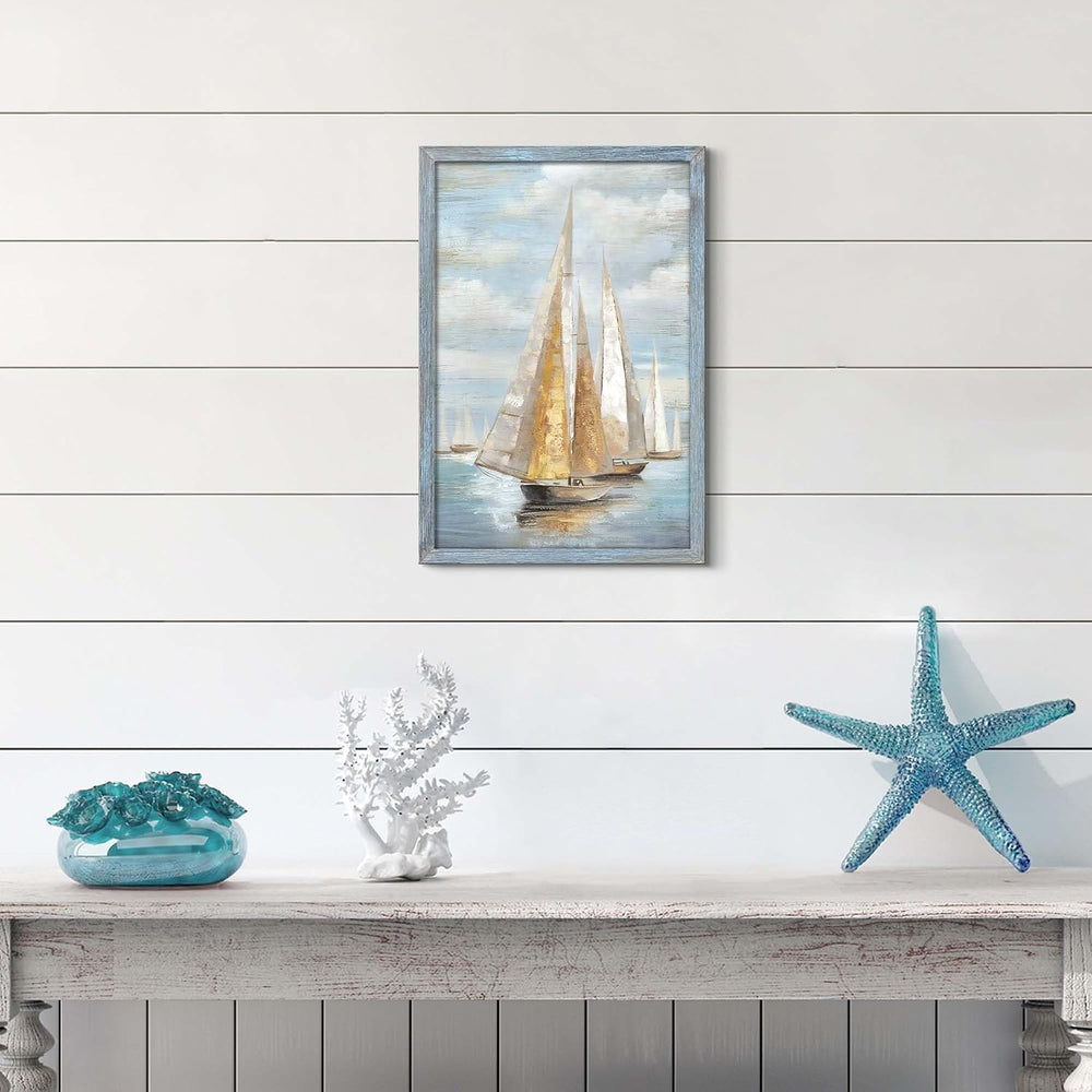 Ocean Sailboat Seascape Wall Art: Rustic Sea Boat Wooden Framed Scenery Paint...