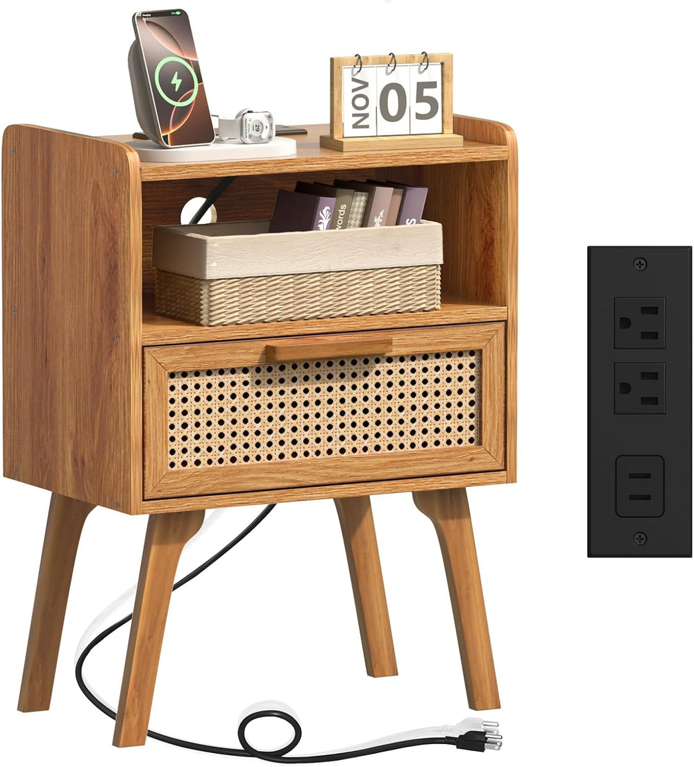 Lerliuo Rattan Nightstand with Charging Station, Side Table with Drawer