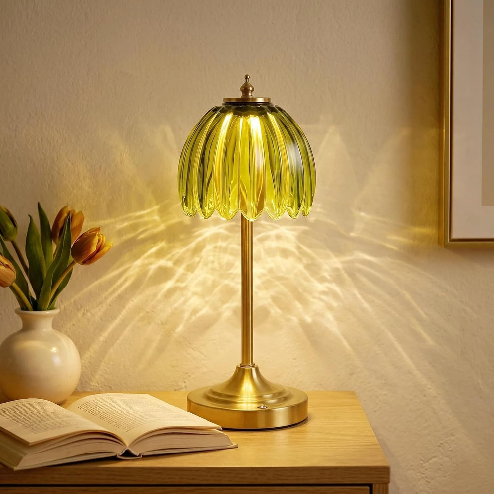 EJQ Glass Tulip Rechargeable Table Lamp, Cordless Flower Table Light -Green