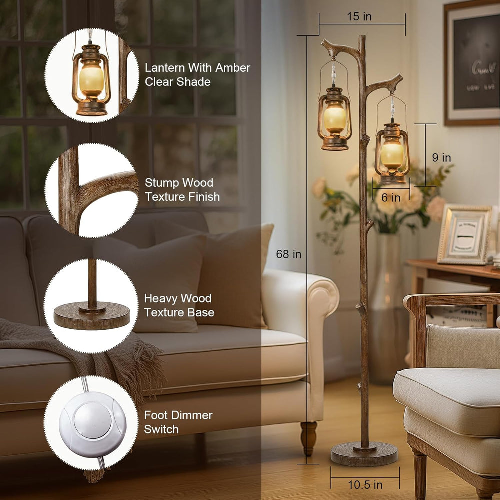 Scenekoy 68" Rustic Tree Trunk Floor Lamp with Lantern, Stepless Dimmable