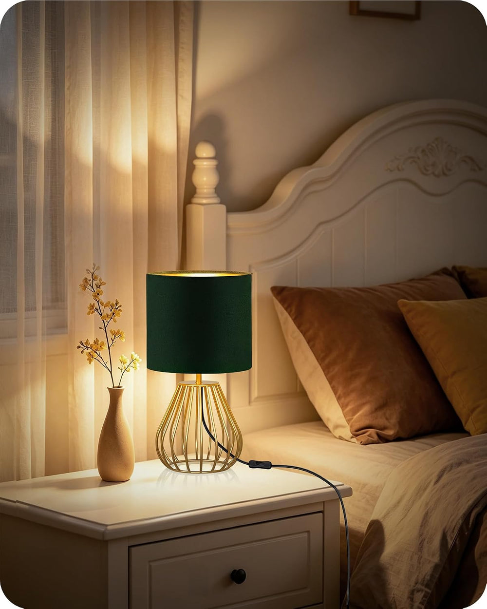 Green and Gold Table Lamp,12.6" Small Bedside Lamp with Bulb