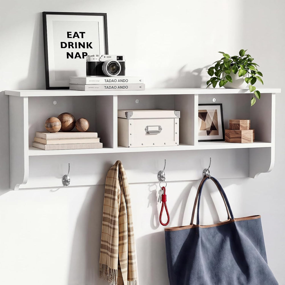 38.6inch Wall Mounted Entryway wooden Coat Rack with Storage Shelf 4 Dual Hoo...