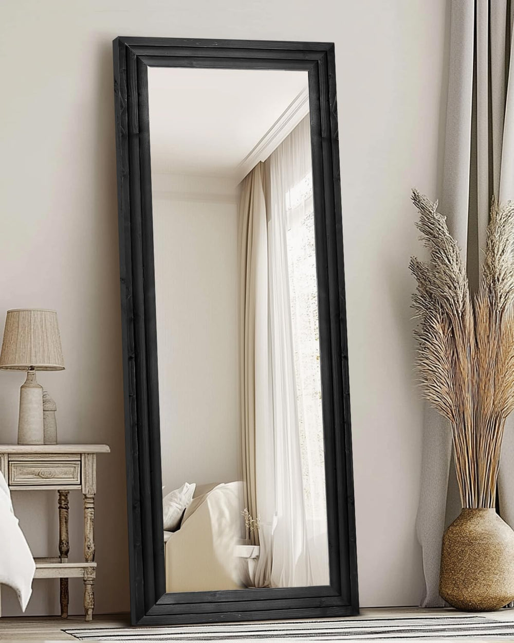 65x24in Full Length Mirror, 3-Tier Stepped Solid Wood Frame, Black