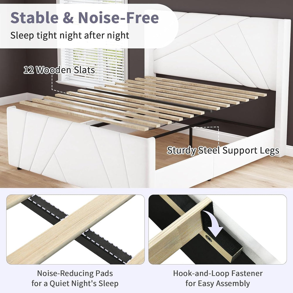 BarnFurin Full Size Bed Frame with Tall Geometric Wingback Headboard, Cream W...
