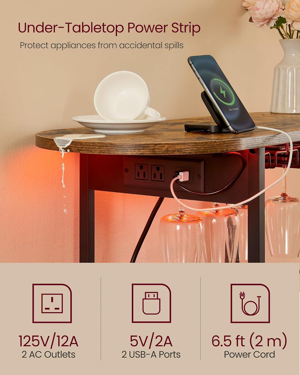 VASAGLE Bar Cabinet with LED Lights and Power Outlets, Wine Rack Coffee Bar