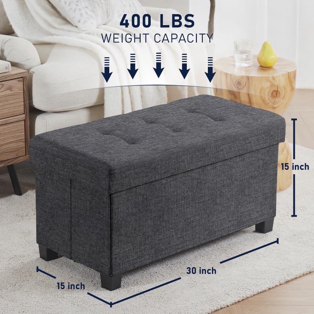 Ornavo Home 30" Large Storage Ottoman Bench with Legs, Dark Gray