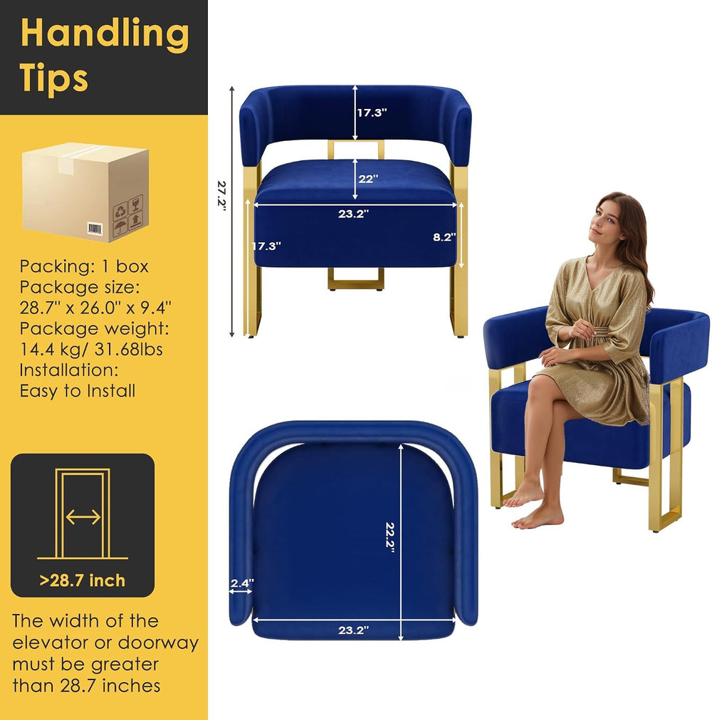 Velvet Dining Chairs Set of 2, Blue Upholstered Accent Armchairs, Gold Legs