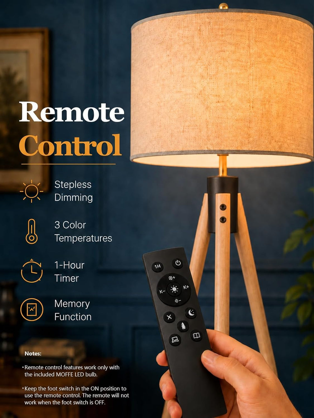 MOFFE Mid Century Solid Wood Tripod Floor Lamp with Tary & Remote Control