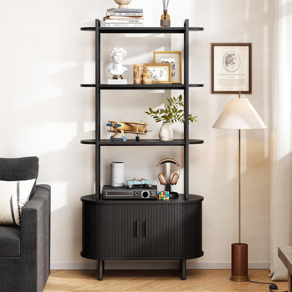 ONBRILL 71" Tall Bookshelf, 4-Tier Book Shelf with Storage Cabinet, Black