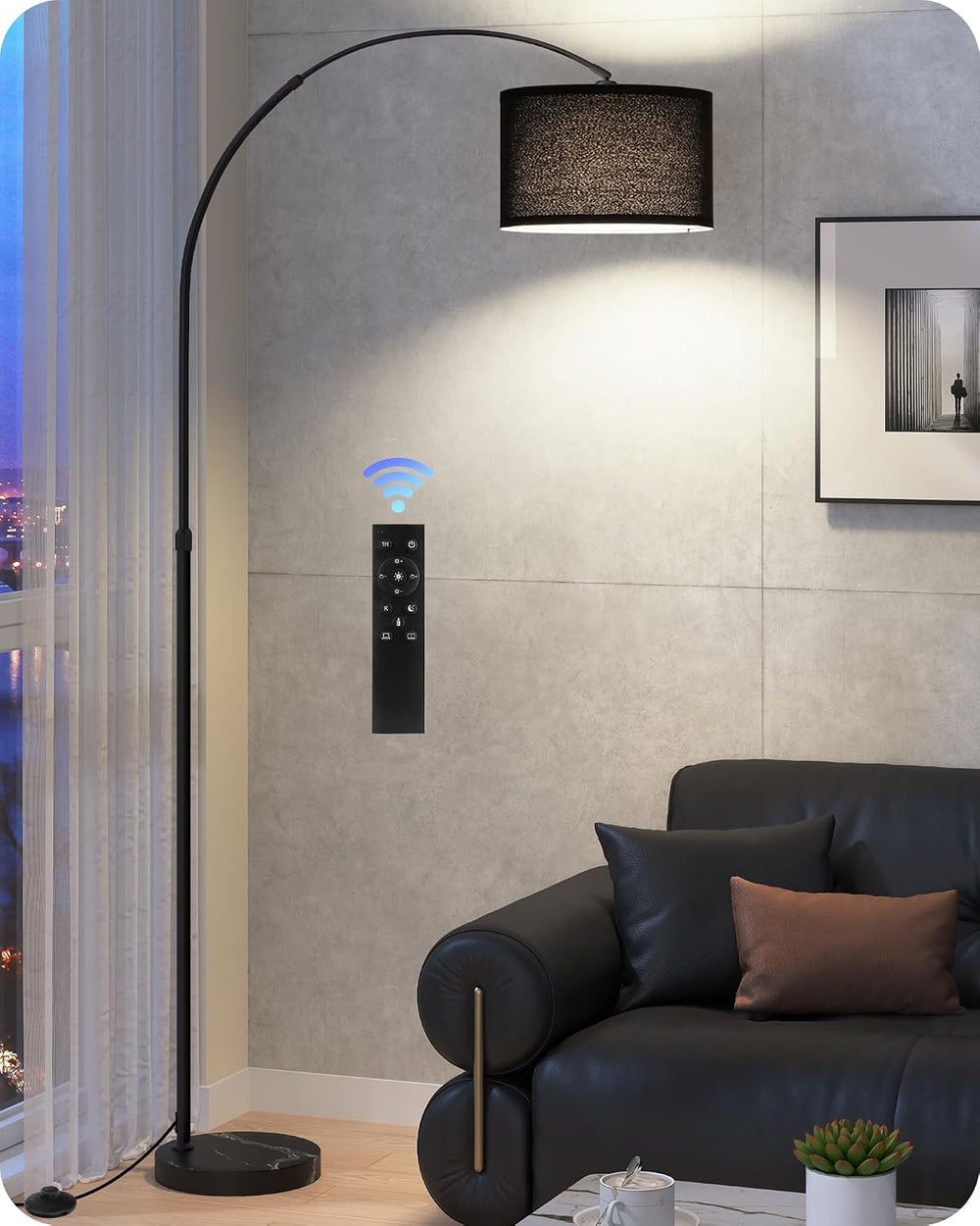 75" Dimmable Black Arc Floor Lamp with Marble Base and Adjustable Height