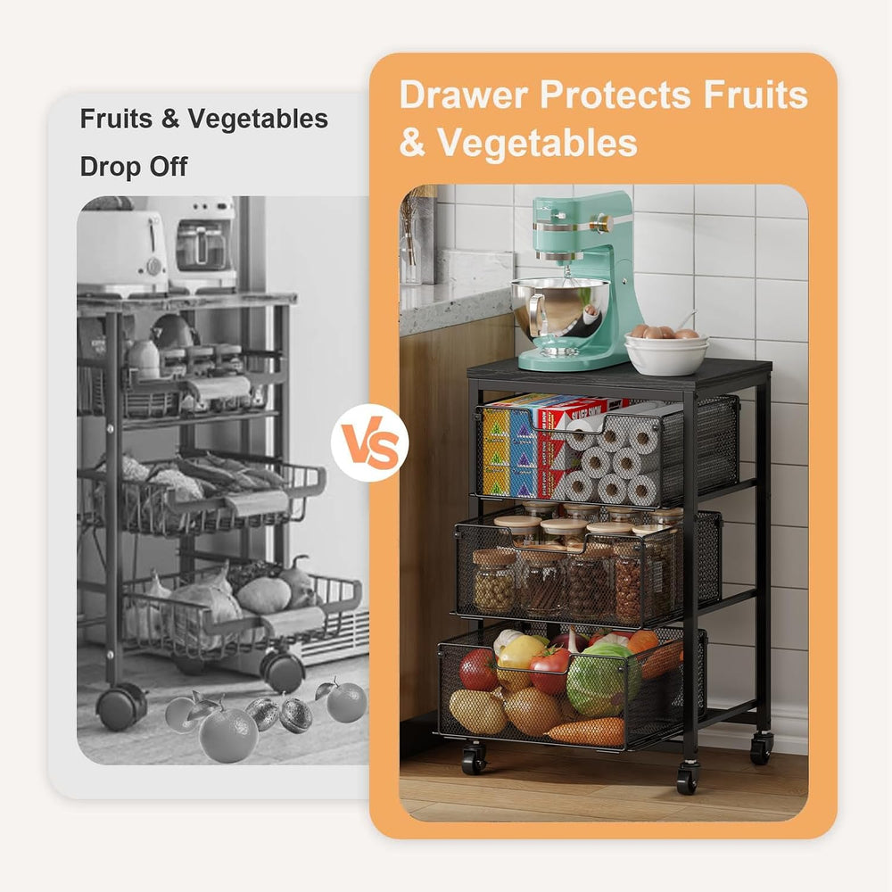 Pantry Organizer and Storage Cart, 3-Tier Kitchen Storage Cart with Drawer, F...