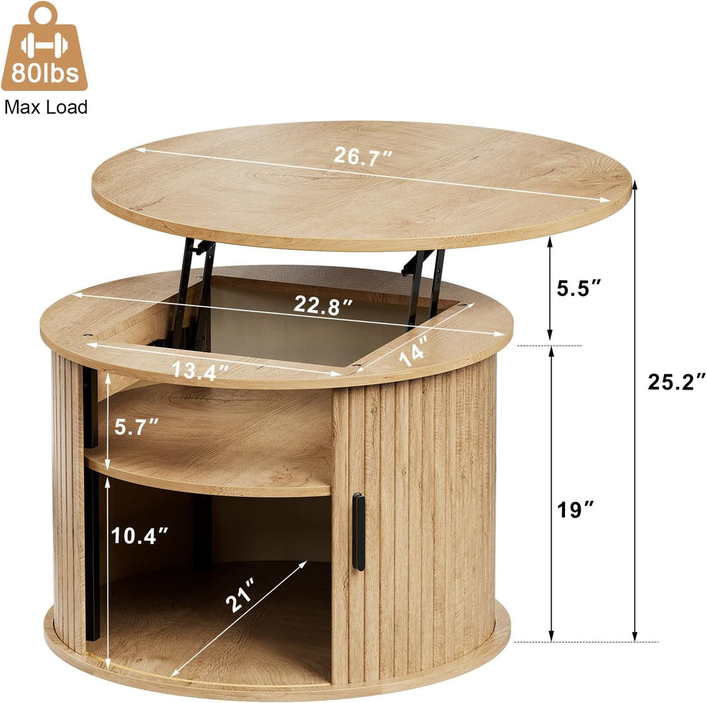 FABATO Round Lift Top Coffee Table Fluted Drum Table Sliding Door, Wood