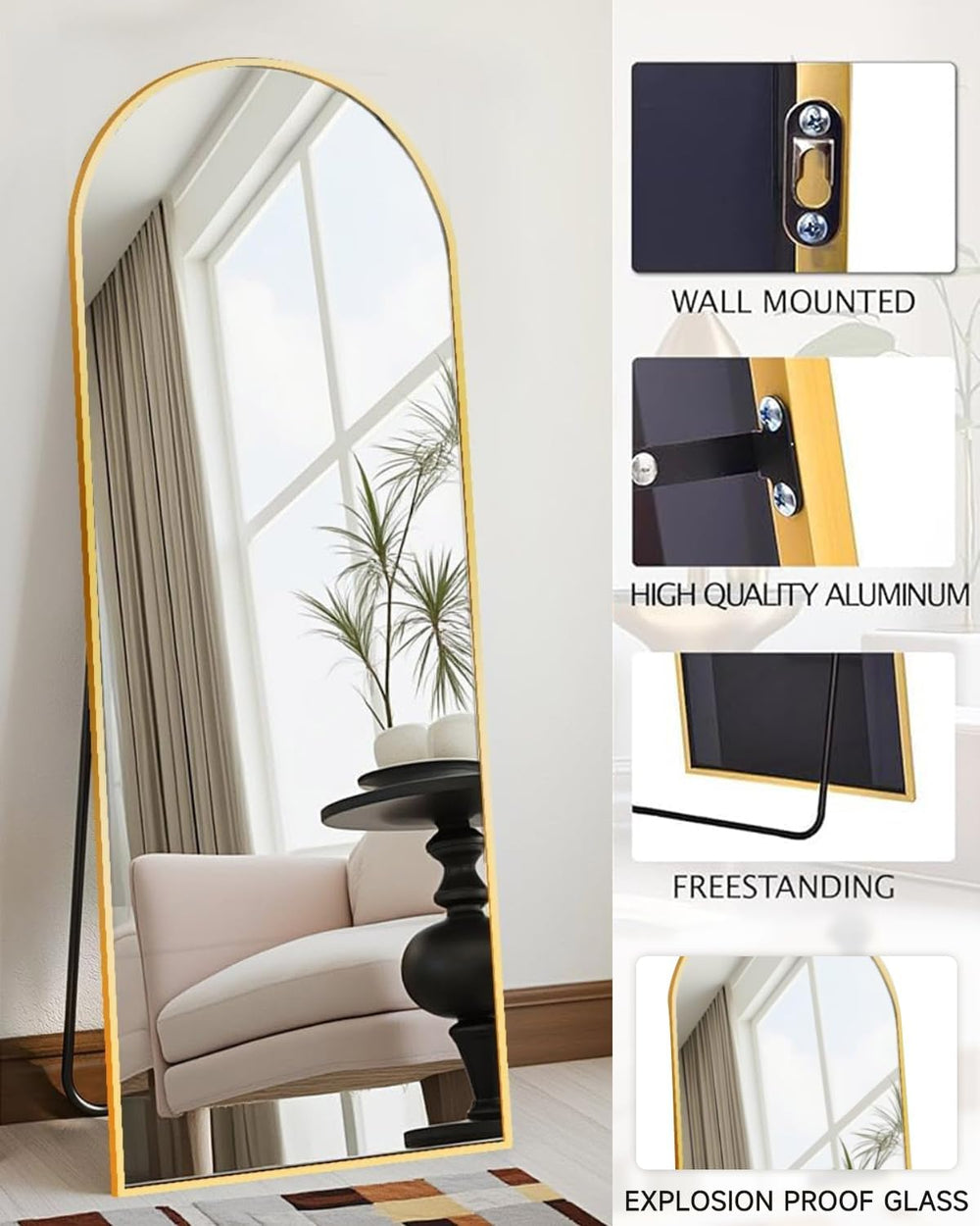 NEARBYSD 58"x18" Arched Full Length Mirror, Gold