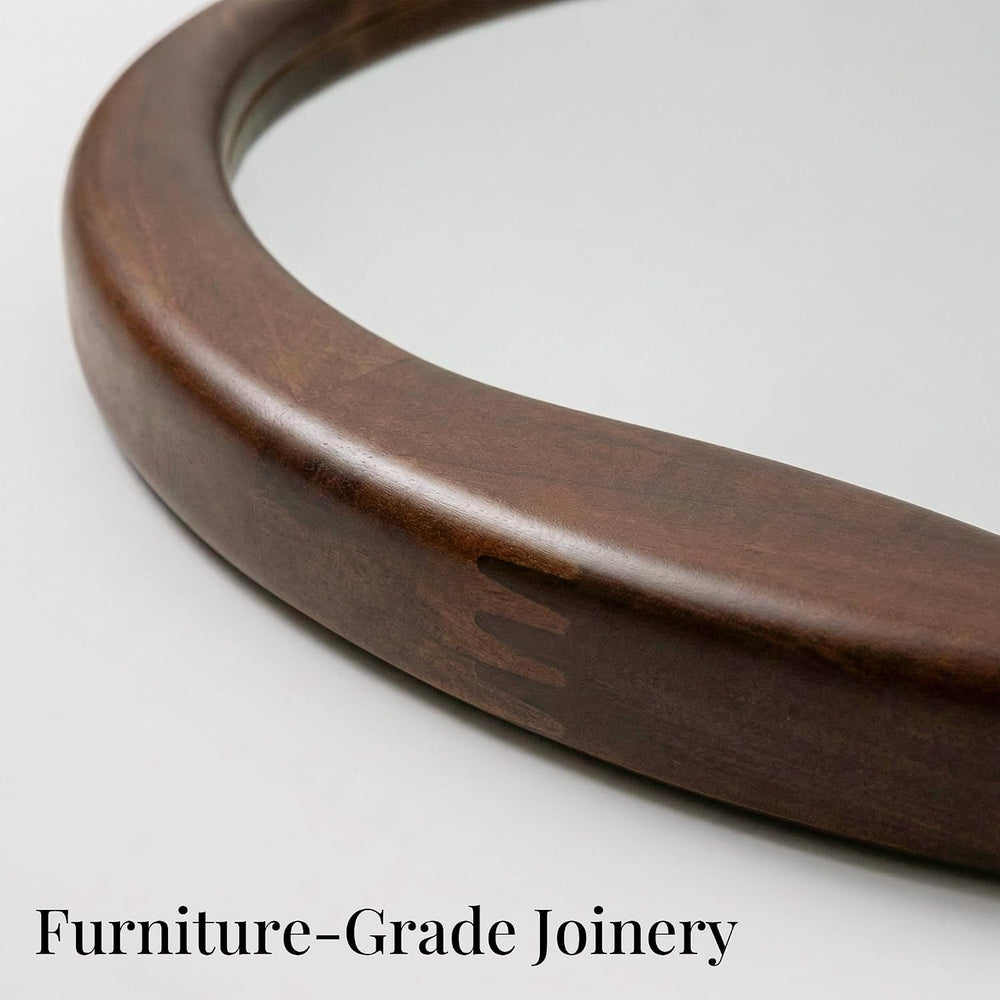 Dark Walnut 24 Inch Round Wood Wall Mirror, Asymmetrical Inner Edge