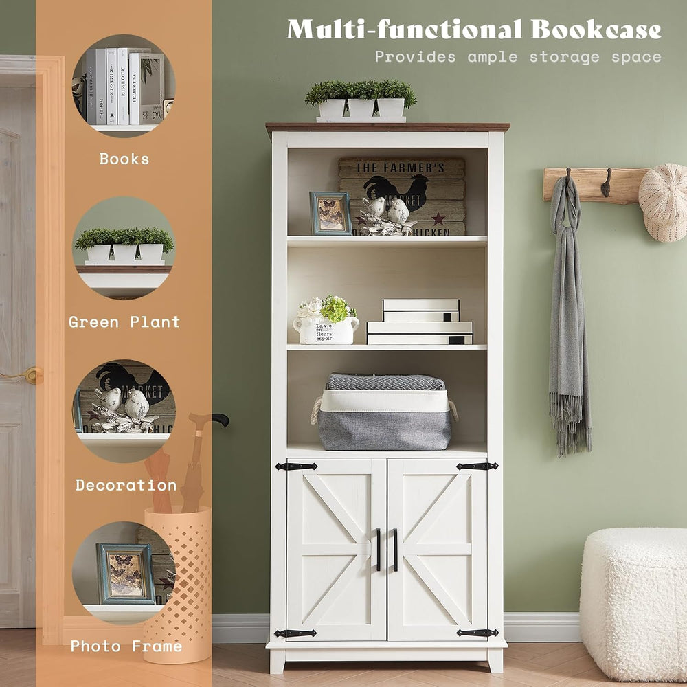AMERLIFE 5-Tier Farmhouse Bookcase with Barn Door Storage, Rustic White