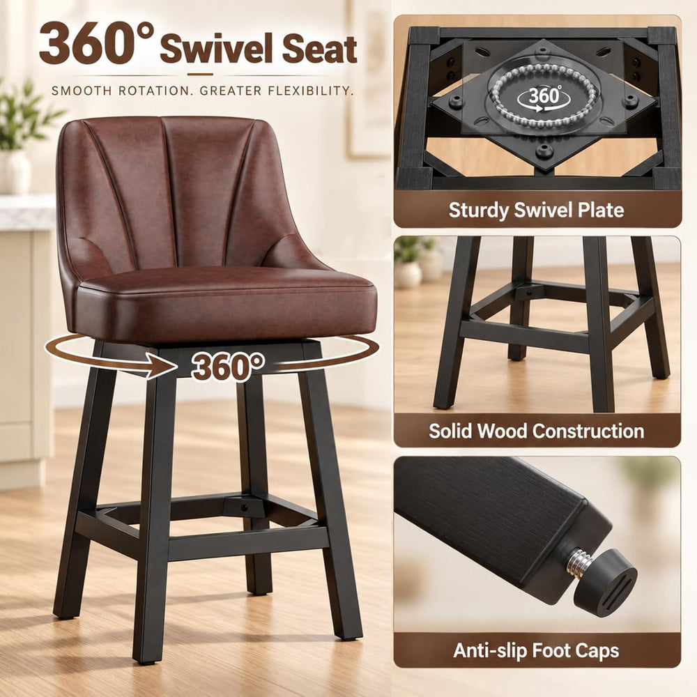 YaFiti 26" Swivel Bar Stools Set of 2 with Back & Wood Legs, Leather...